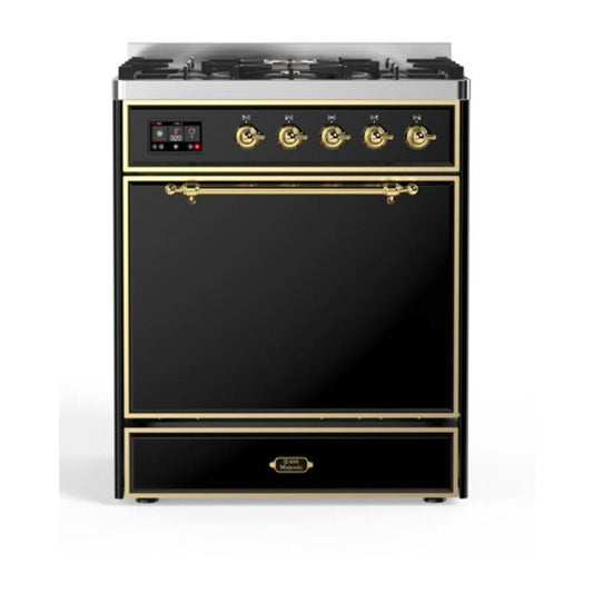 ILVE Majestic II 30" Glossy Black Dual Fuel Range with 5 Burners Solid Door Natural Gas