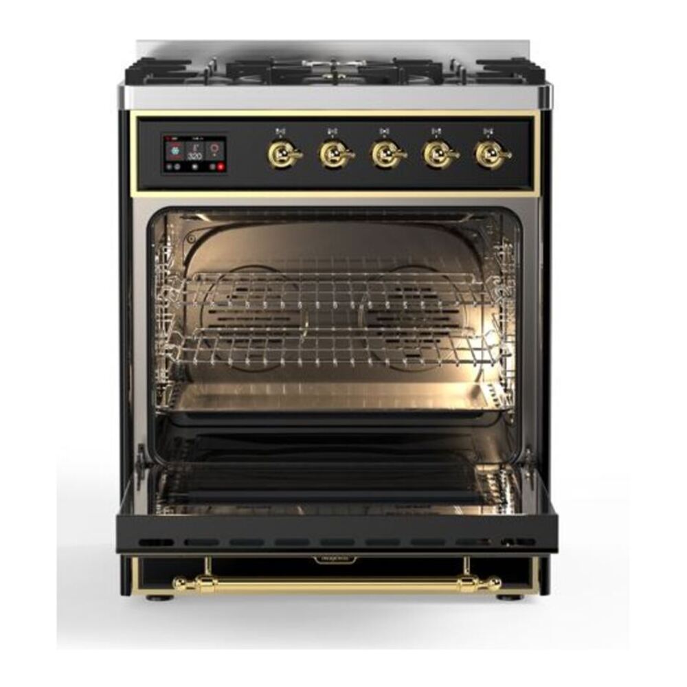ILVE Majestic II 30 inch Solid Door Natural Gas Dual Fuel Range Brass Glossy Black