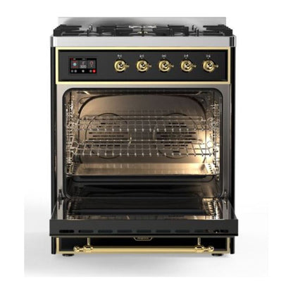 ILVE Majestic II 30 inch Solid Door Natural Gas Dual Fuel Range Brass Glossy Black
