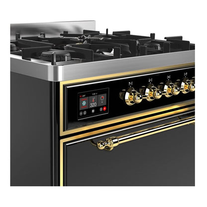 ILVE Majestic II 30 inch Solid Door Natural Gas Dual Fuel Range Brass Glossy Black