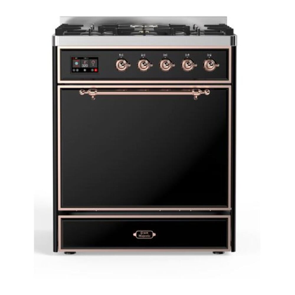 ILVE Majestic II 30" Glossy Black Dual Fuel Range with 5 Burners Solid Door Liquid Propane