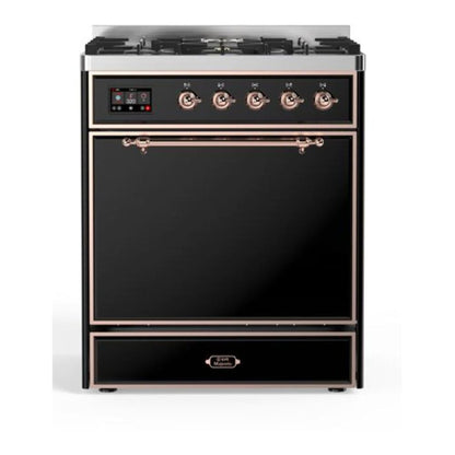 ILVE Majestic II 30" Glossy Black Dual Fuel Range with 5 Burners Solid Door Liquid Propane