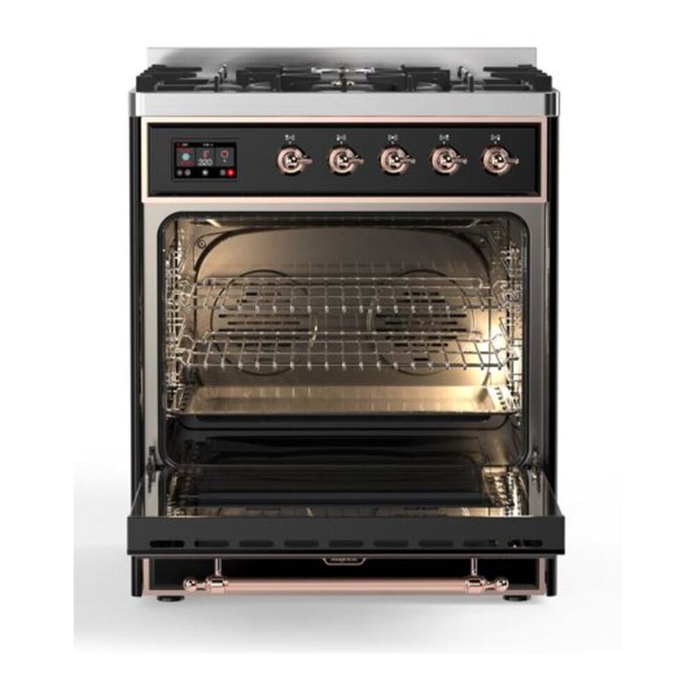 ILVE Majestic II 30 inch Solid Door Natural Gas Dual Fuel Range Copper Glossy Black