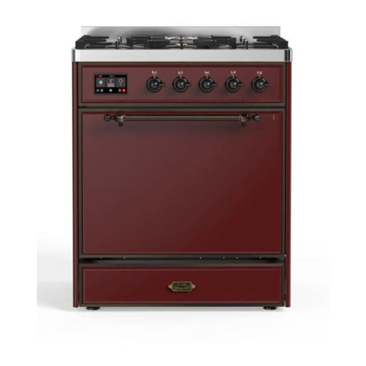 ILVE Majestic II 30" Burgundy Dual Fuel Range with 5 Burners Solid Door Natural Gas