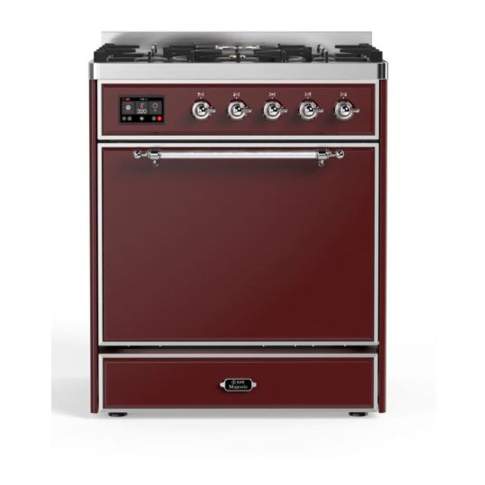 ILVE Majestic II 30 inch Solid Door Natural Gas Dual Fuel Range Chrome Burgundy