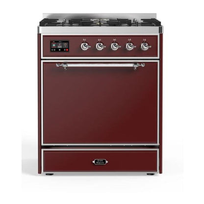 ILVE Majestic II 30 inch Solid Door Natural Gas Dual Fuel Range Chrome Burgundy