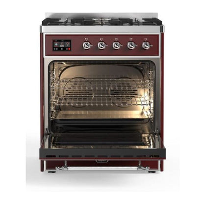 ILVE Majestic II 30 inch Solid Door Natural Gas Dual Fuel Range Chrome Burgundy