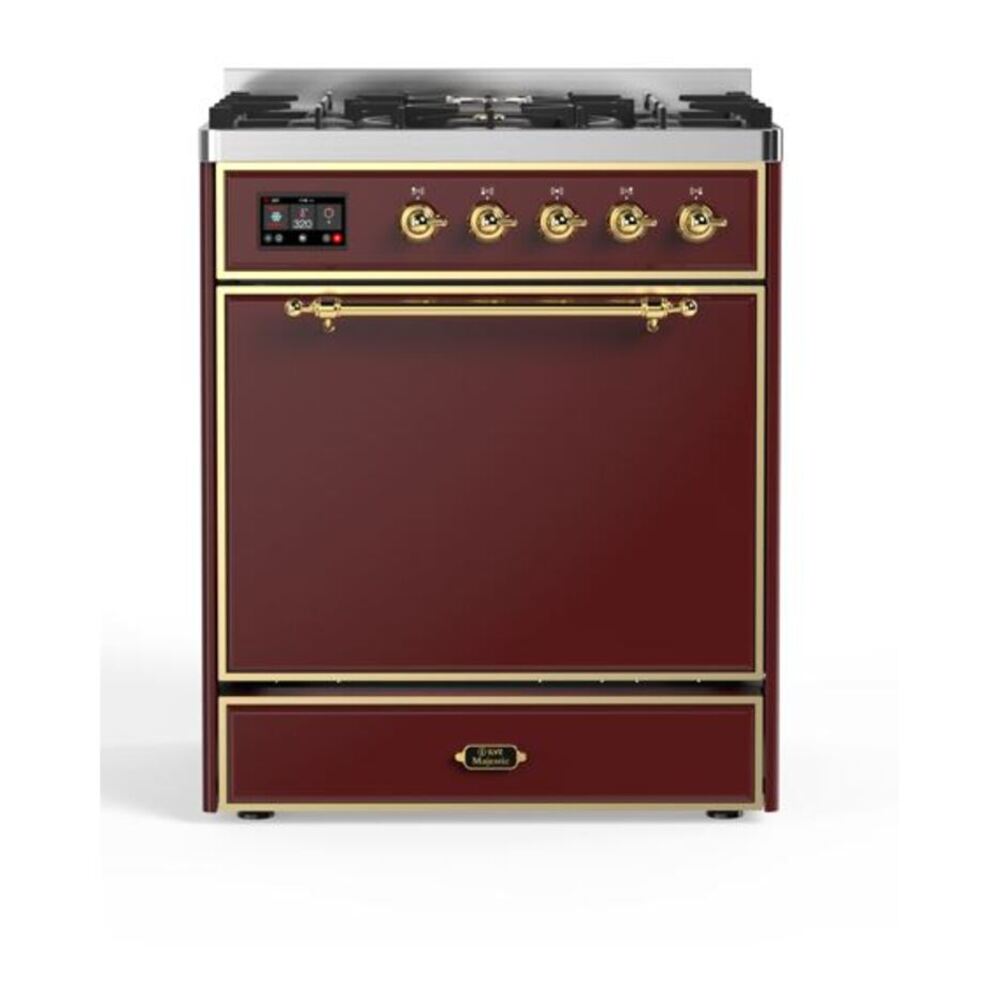 ILVE Majestic II 30 inch Solid Door Natural Gas Dual Fuel Range Brass Burgundy