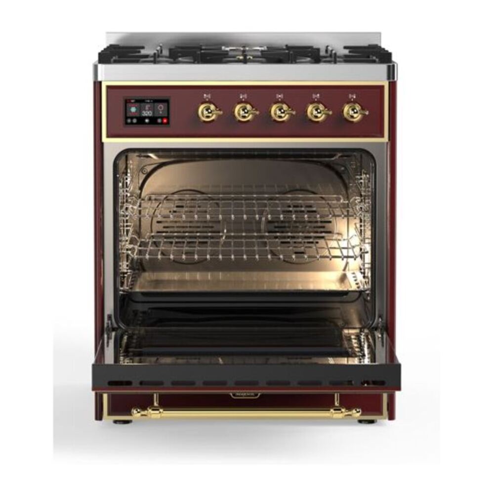 ILVE Majestic II 30 inch Solid Door Natural Gas Dual Fuel Range Brass Burgundy