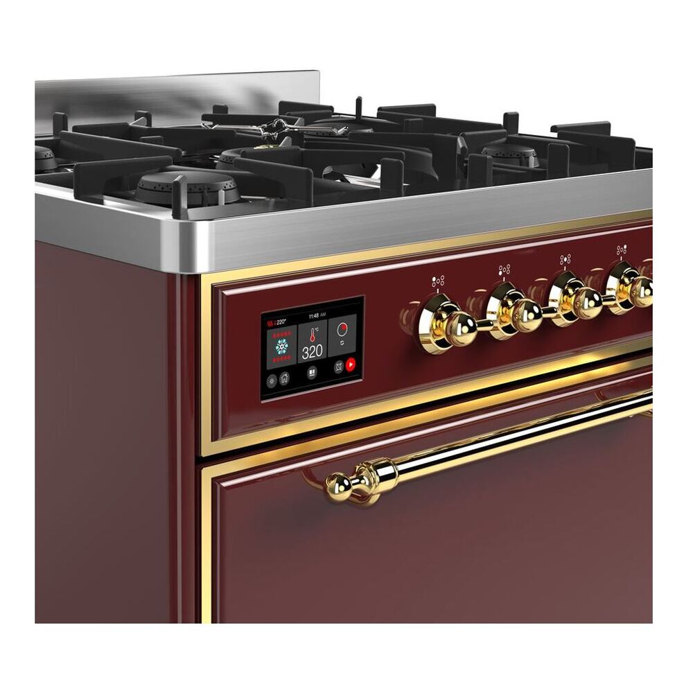 ILVE Majestic II 30 inch Solid Door Natural Gas Dual Fuel Range Brass Burgundy