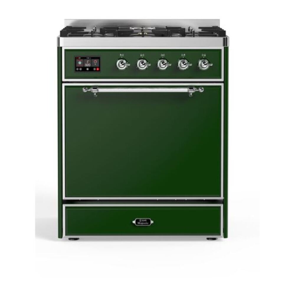 ILVE Majestic II 30 inch Solid Door Natural Gas Dual Fuel Range Chrome Emerald Green