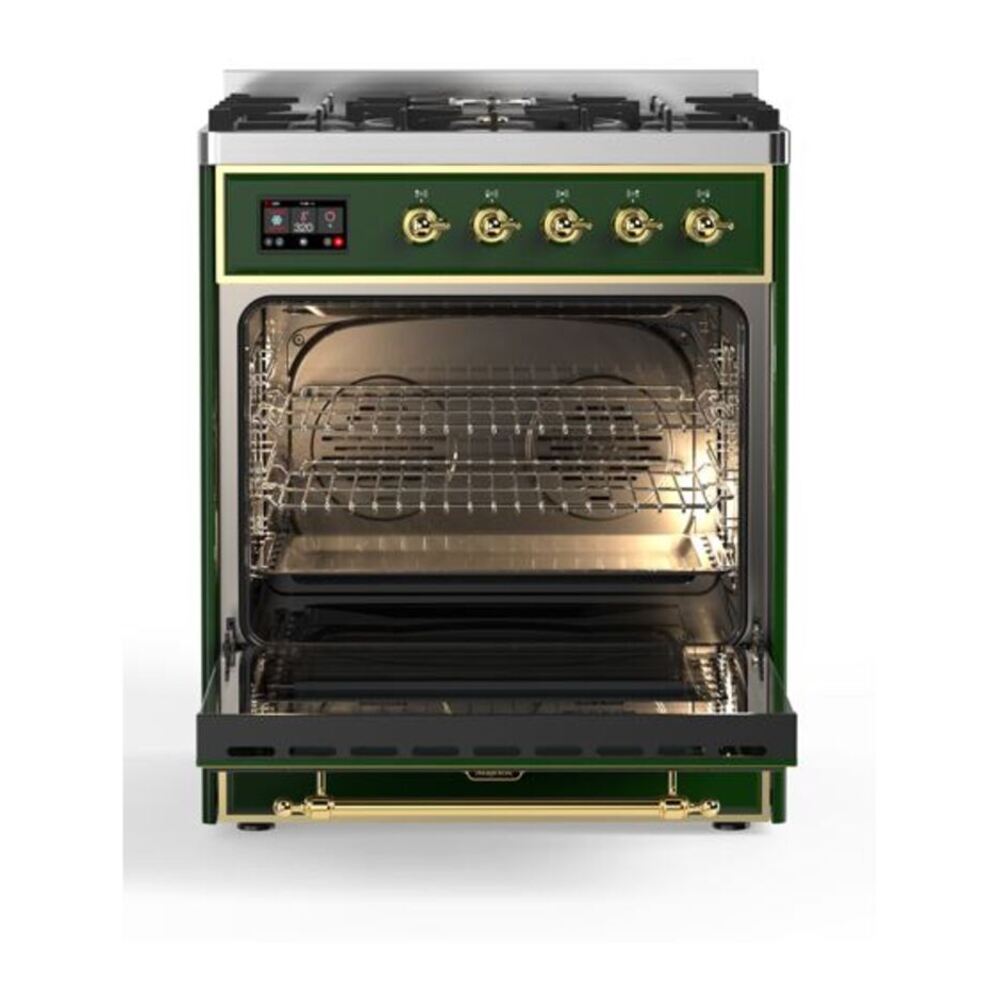 ILVE Majestic II 30 inch Solid Door Natural Gas Dual Fuel Range Brass Emerald Green