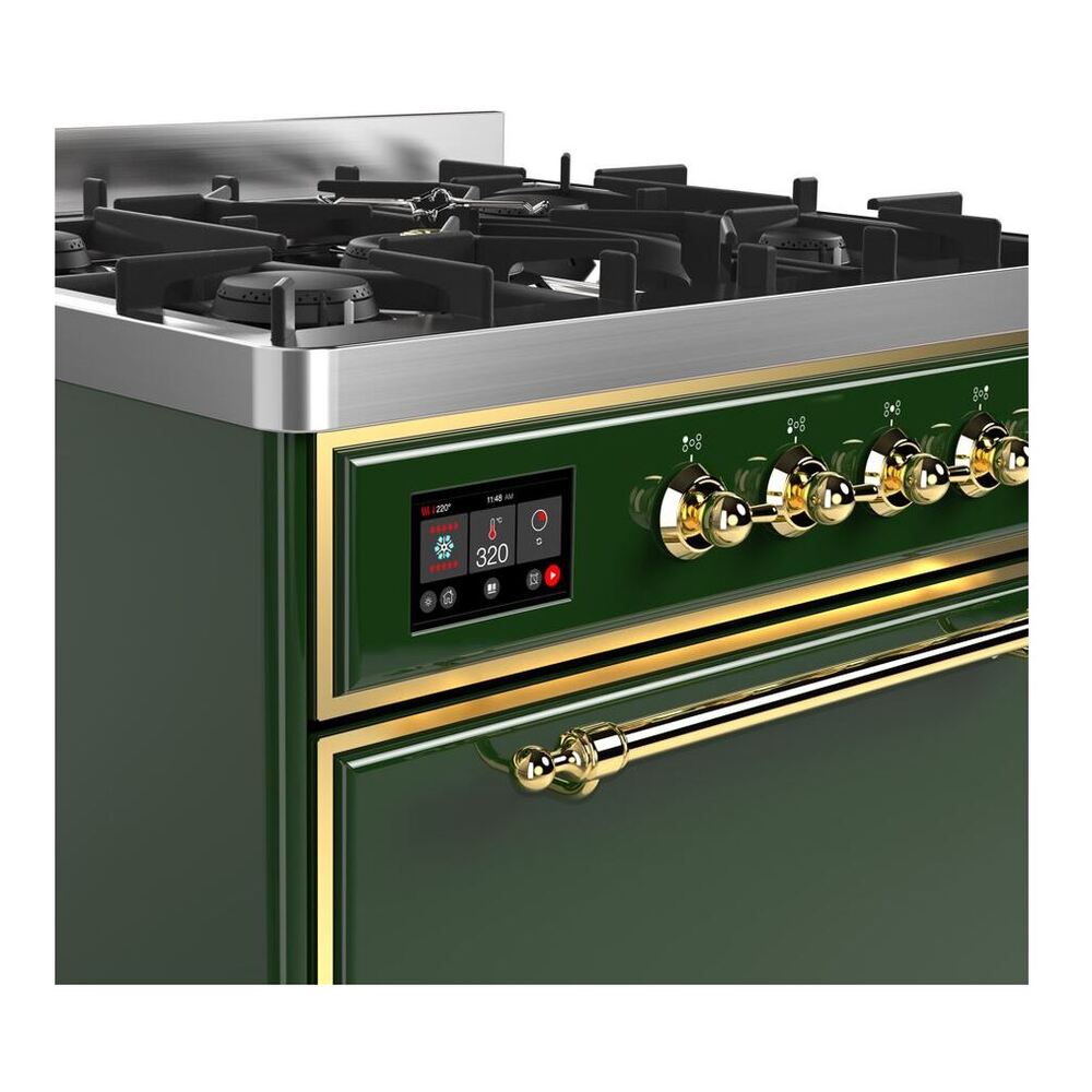 ILVE Majestic II 30 inch Solid Door Natural Gas Dual Fuel Range Brass Emerald Green