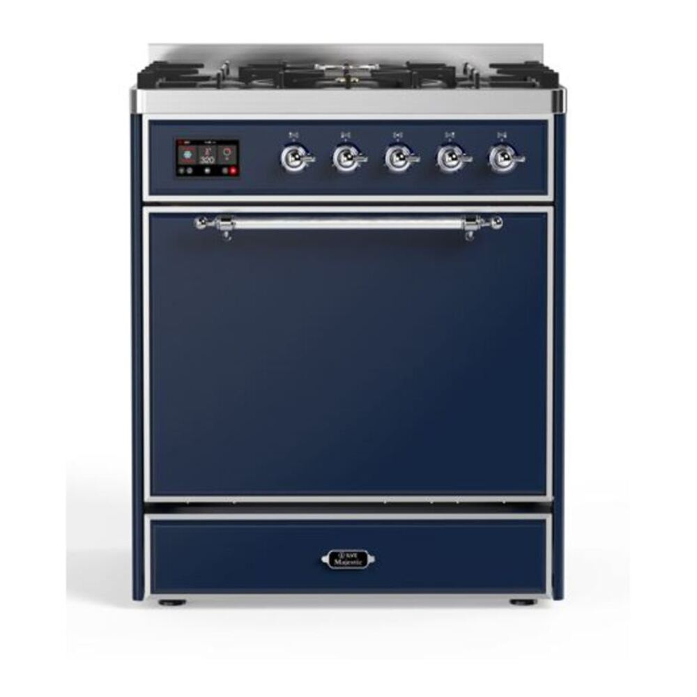 ILVE Majestic II 30 inch Solid Door Natural Gas Dual Fuel Range Chrome Midnight Blue
