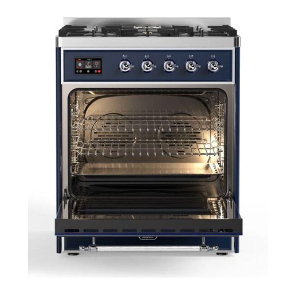 ILVE Majestic II 30 inch Solid Door Natural Gas Dual Fuel Range Chrome Midnight Blue