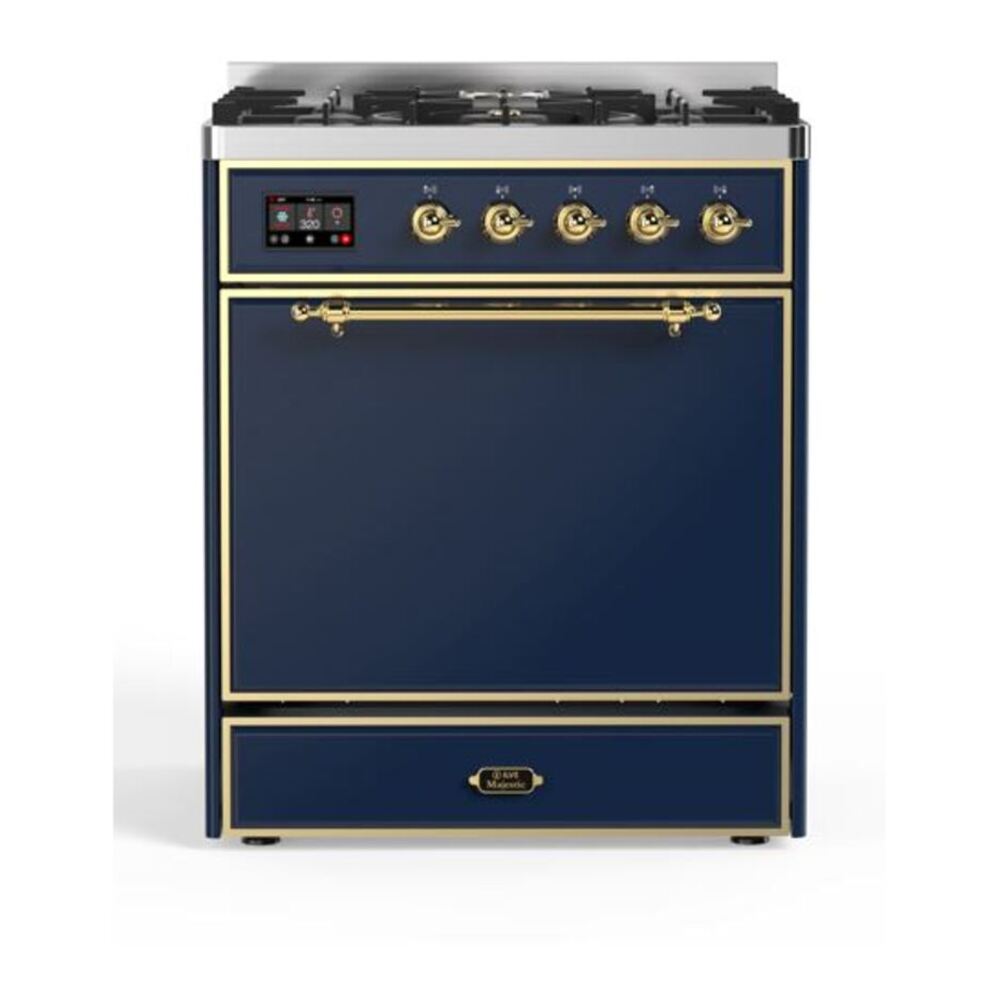 ILVE Majestic II 30 inch Solid Door Natural Gas Dual Fuel Range Brass Midnight Blue