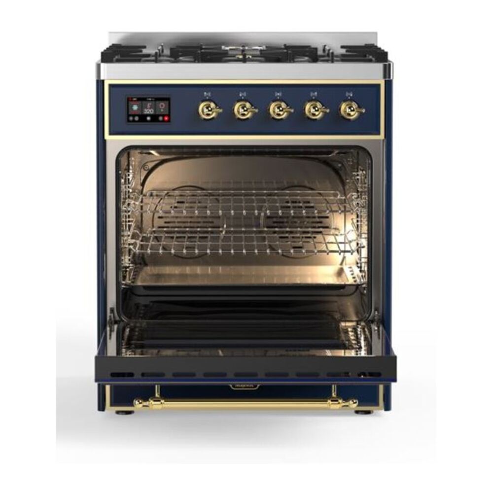 ILVE Majestic II 30 inch Solid Door Natural Gas Dual Fuel Range Brass Midnight Blue