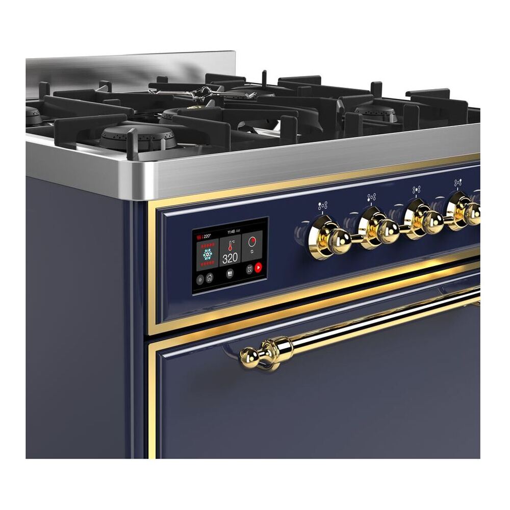ILVE Majestic II 30 inch Solid Door Natural Gas Dual Fuel Range Brass Midnight Blue