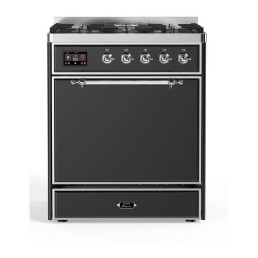 ILVE Majestic II 30" Graphite Matte Dual Fuel Range with 5 Burners Solid Door Natural Gas