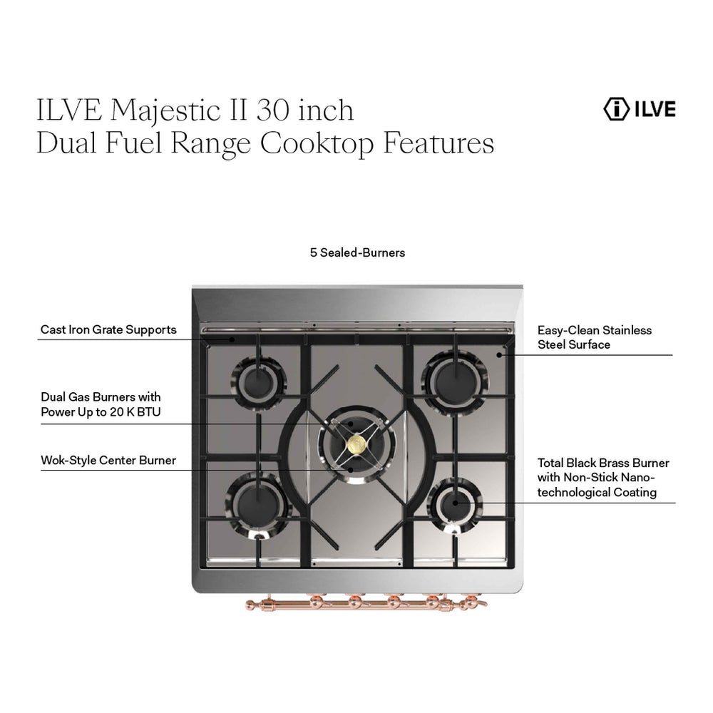 ILVE Majestic II 30" Stainless Steel Dual Fuel Range with 5 Burners Solid Door Liquid Propane