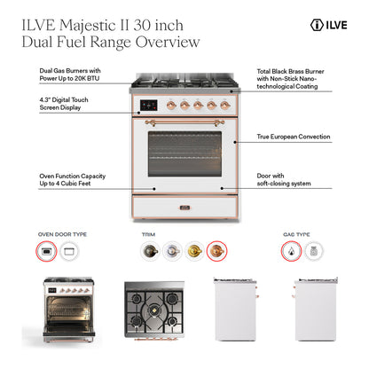 ILVE Majestic II 30" Stainless Steel Dual Fuel Range with 5 Burners Solid Door Liquid Propane