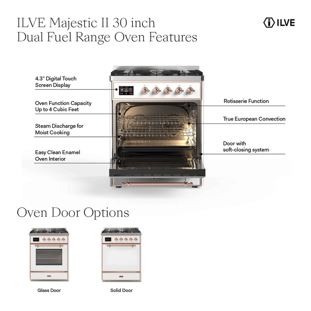 ILVE Majestic II 30" Stainless Steel Dual Fuel Range with 5 Burners Solid Door Liquid Propane