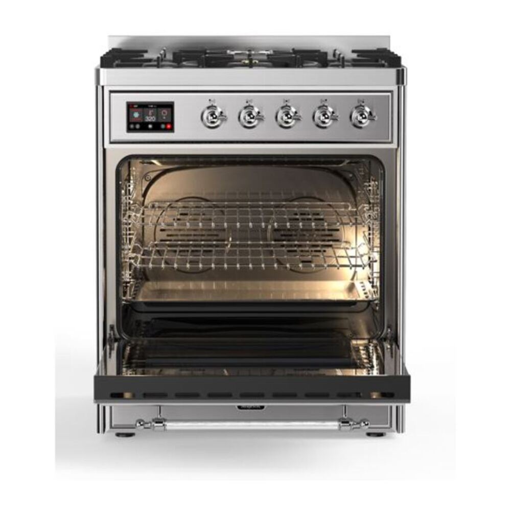 ILVE Majestic II 30 inch Solid Door Natural Gas Dual Fuel Range Chrome Stainless Steel