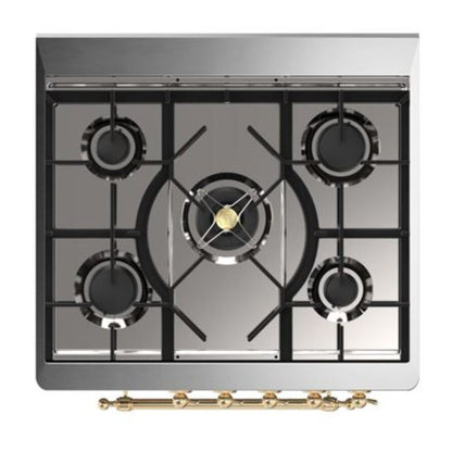 ILVE Majestic II 30 inch Solid Door Natural Gas Dual Fuel Range Brass Stainless Steel