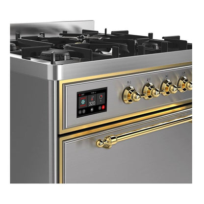 ILVE Majestic II 30 inch Solid Door Natural Gas Dual Fuel Range Brass Stainless Steel