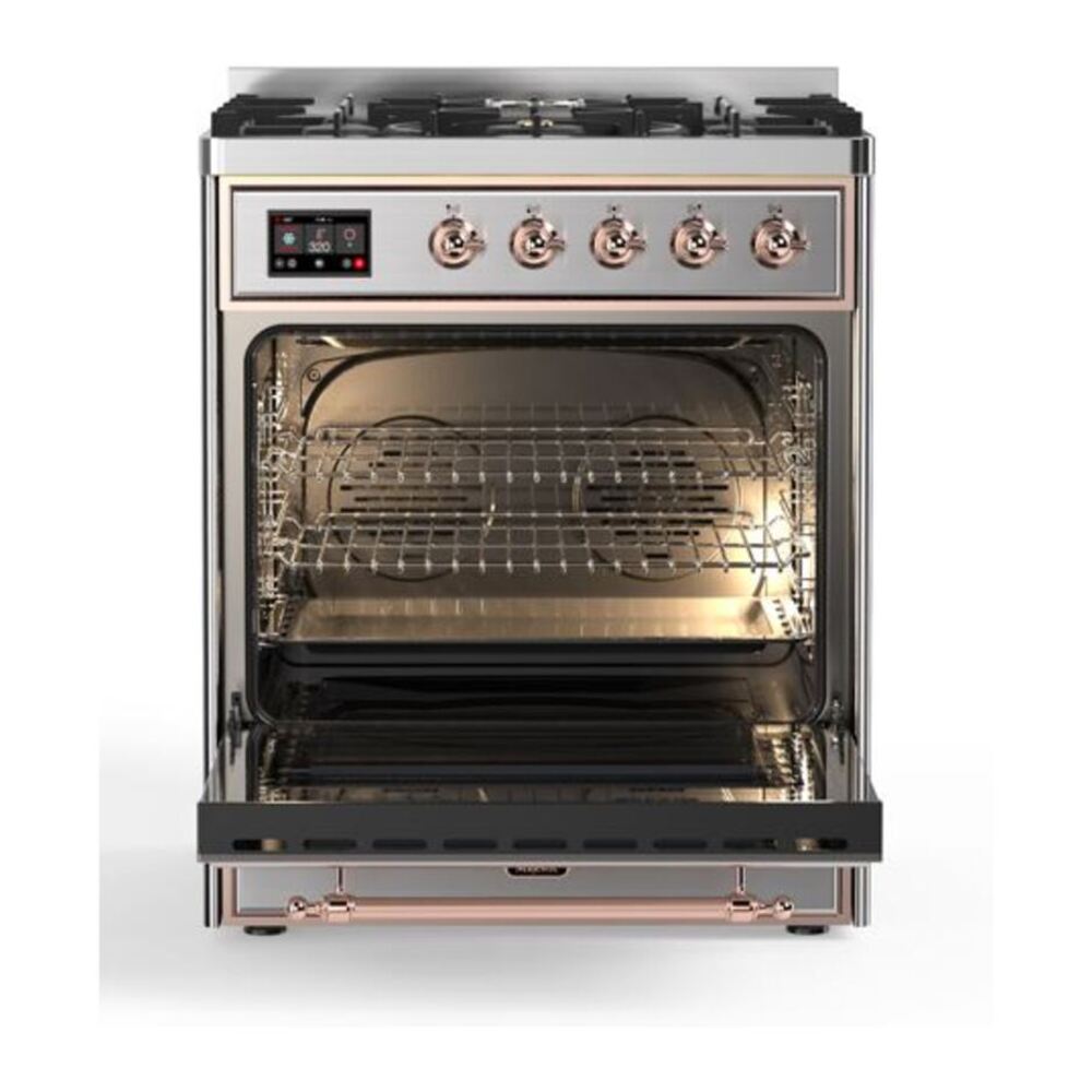 ILVE Majestic II 30 inch Solid Door Natural Gas Dual Fuel Range Copper Stainless Steel