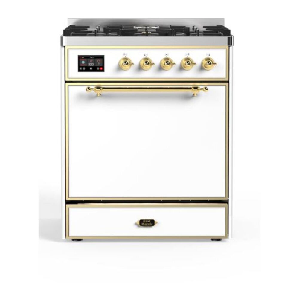 ILVE Majestic II 30 inch Solid Door Natural Gas Dual Fuel Range Brass White