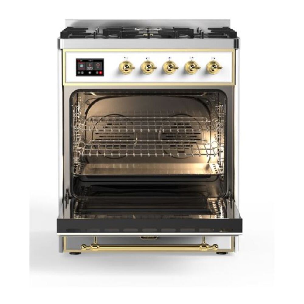 ILVE Majestic II 30 inch Solid Door Natural Gas Dual Fuel Range Brass White