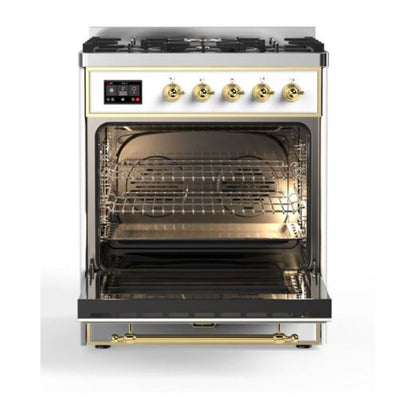ILVE Majestic II 30 inch Solid Door Natural Gas Dual Fuel Range Brass White