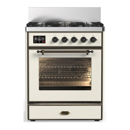 ILVE Majestic III 30" Antique White Dual Fuel Range with 5 Burners Triple Glass Door Liquid Propane