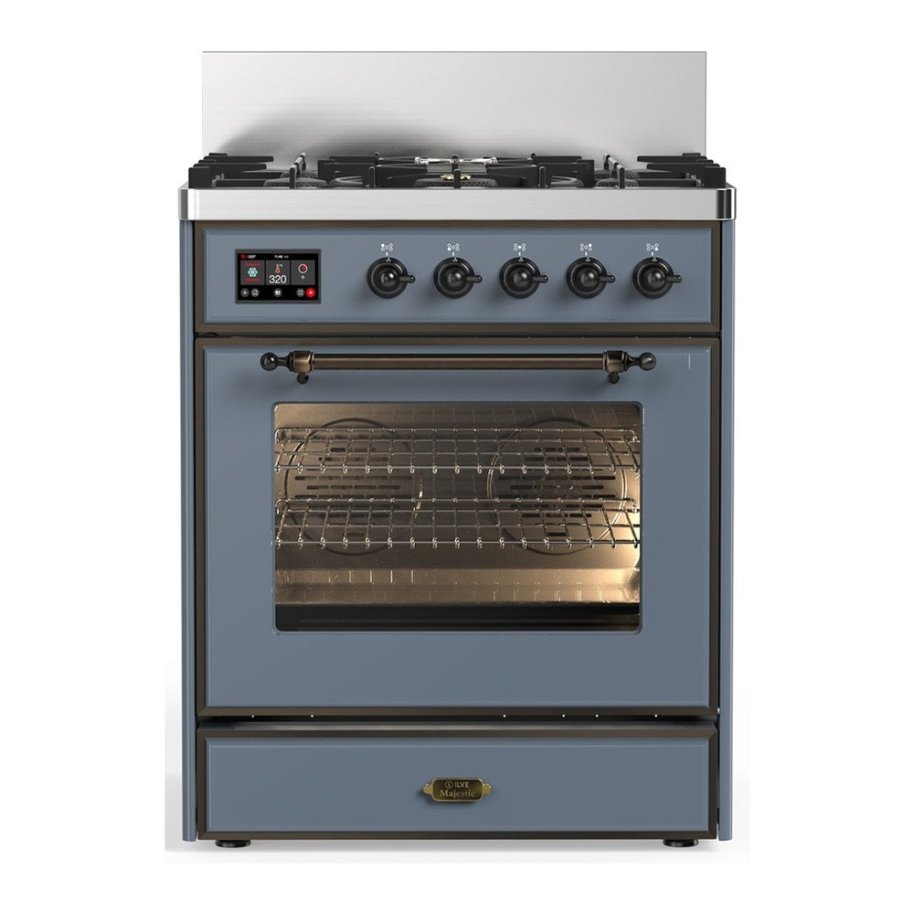 ILVE Majestic III 30" Blue Grey Dual Fuel Range with 5 Burners Triple Glass Door Liquid Propane