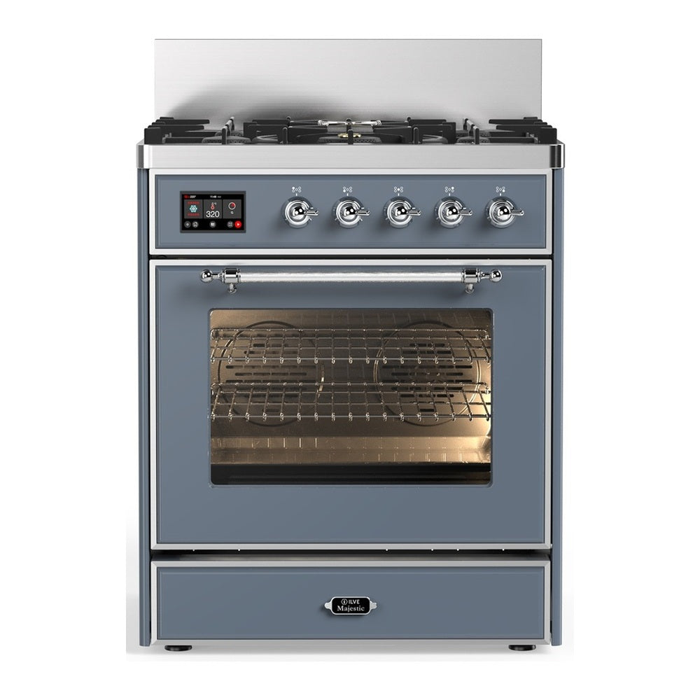 ILVE Majestic III 30" Blue Grey Dual Fuel Range with 5 Burners Triple Glass Door Natural Gas