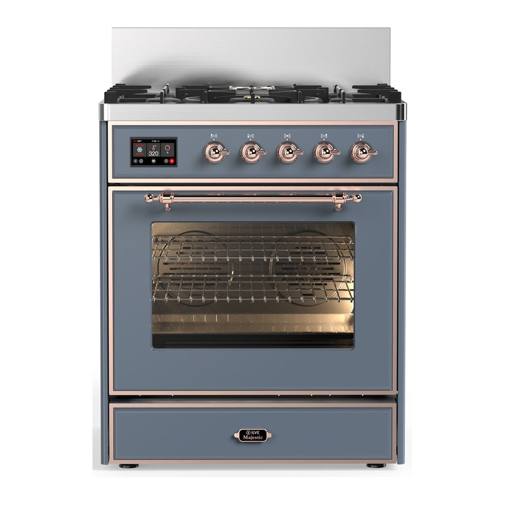 ILVE Majestic III 30" Blue Grey Dual Fuel Range with 5 Burners Triple Glass Door Natural Gas
