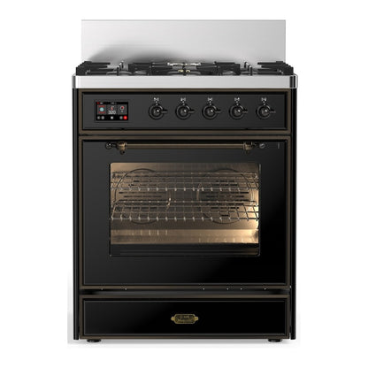 ILVE Majestic II Dual Fuel Range with 5 Black Brass Burners Natural Gas Triple Glass Door Burnished