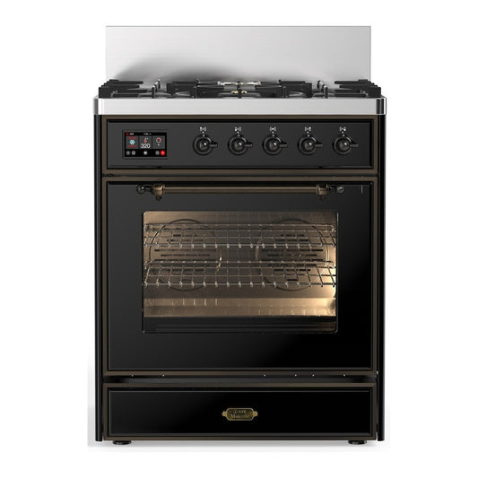 ILVE Majestic III 30" Glossy Black Dual Fuel Range with 5 Burners Triple Glass Door Natural Gas
