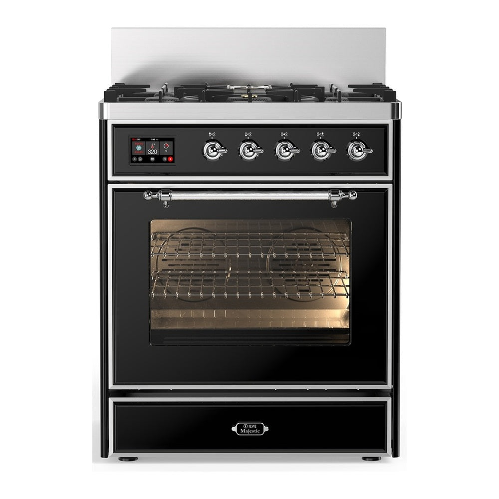 ILVE Majestic III 30" Glossy Black Dual Fuel Range with 5 Burners Triple Glass Door Liquid Propane