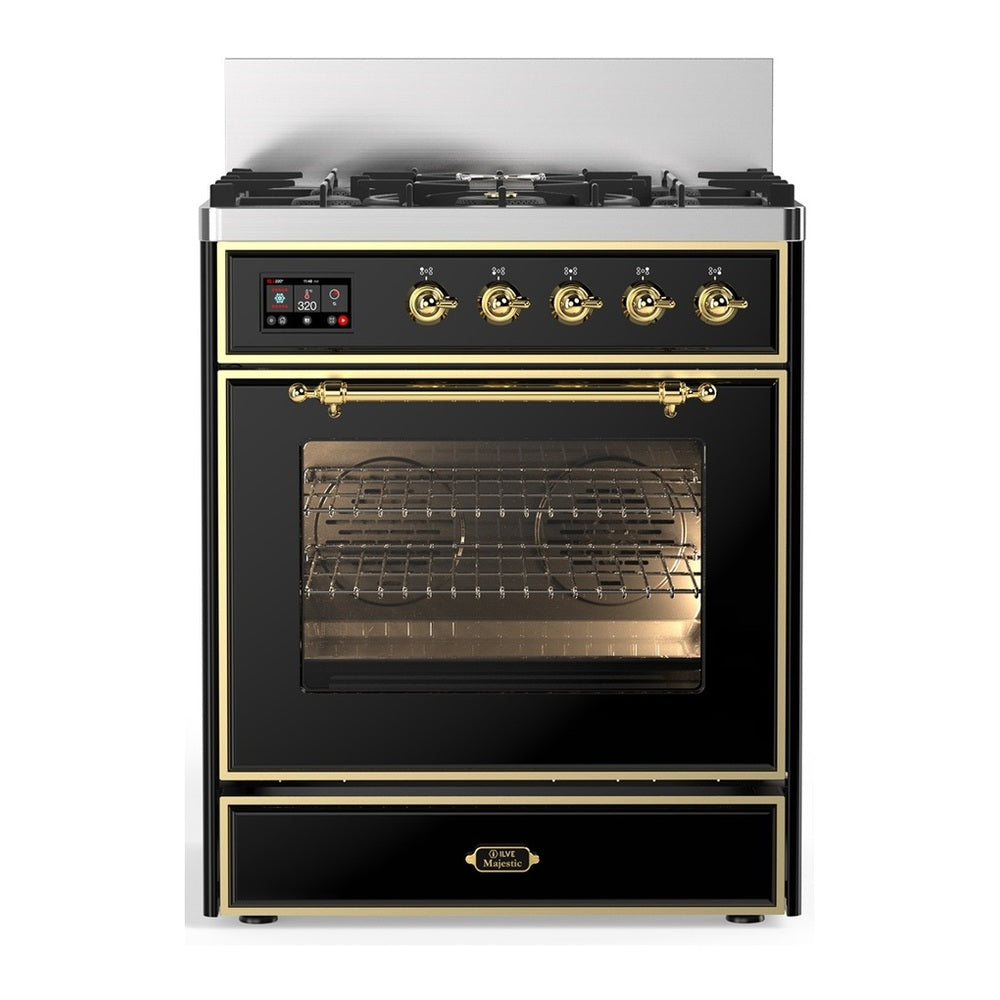ILVE Majestic III 30" Glossy Black Dual Fuel Range with 5 Burners Triple Glass Door Natural Gas