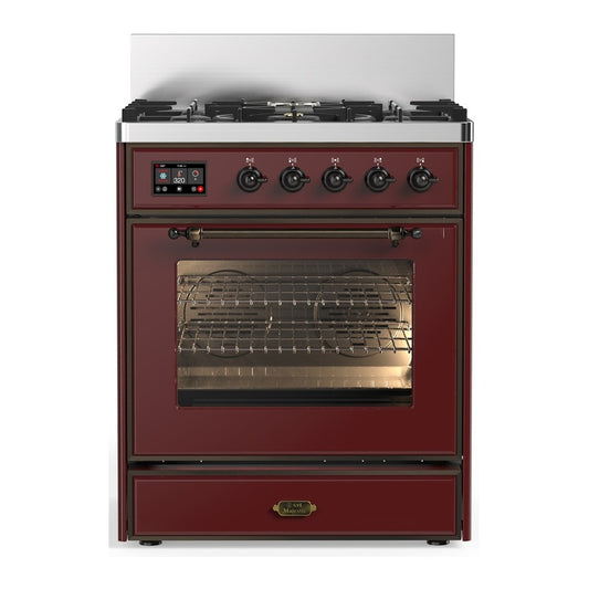 ILVE Majestic III 30" Burgundy Dual Fuel Range with 5 Burners Triple Glass Door Liquid Propane