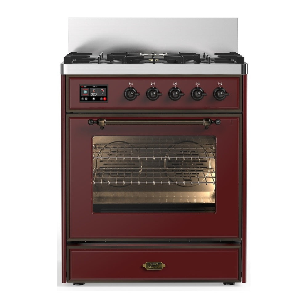 ILVE Majestic III 30" Burgundy Dual Fuel Range with 5 Burners Triple Glass Door Natural Gas