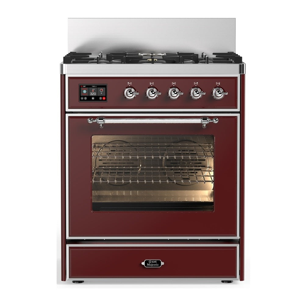 ILVE Majestic III 30" Burgundy Dual Fuel Range with 5 Burners Triple Glass Door Natural Gas