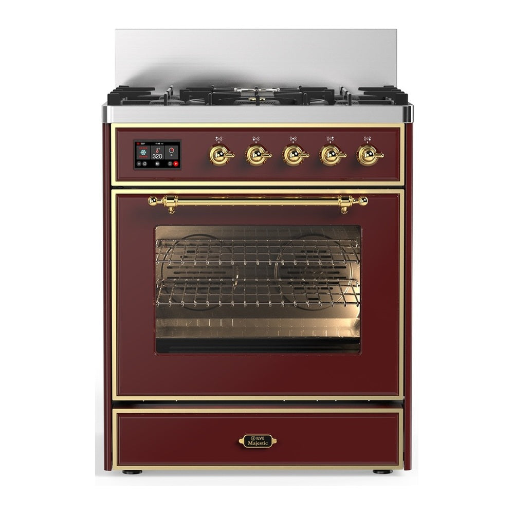 ILVE Majestic III 30" Burgundy Dual Fuel Range with 5 Burners Triple Glass Door Natural Gas
