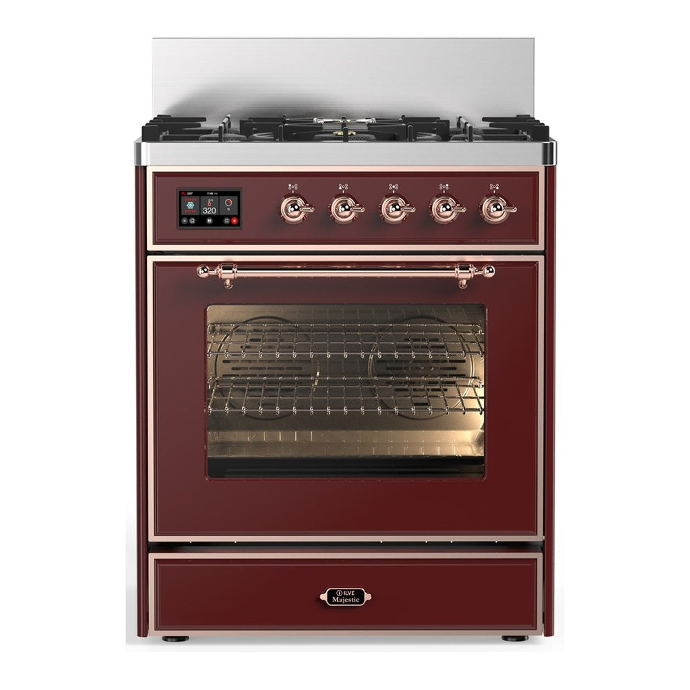 ILVE Majestic III 30" Burgundy Dual Fuel Range with 5 Burners Triple Glass Door Natural Gas