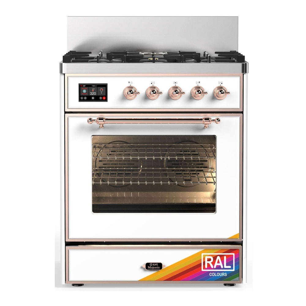 ILVE Majestic III 30" RAL Dual Fuel Range with 5 Burners Triple Glass Door Liquid Propane