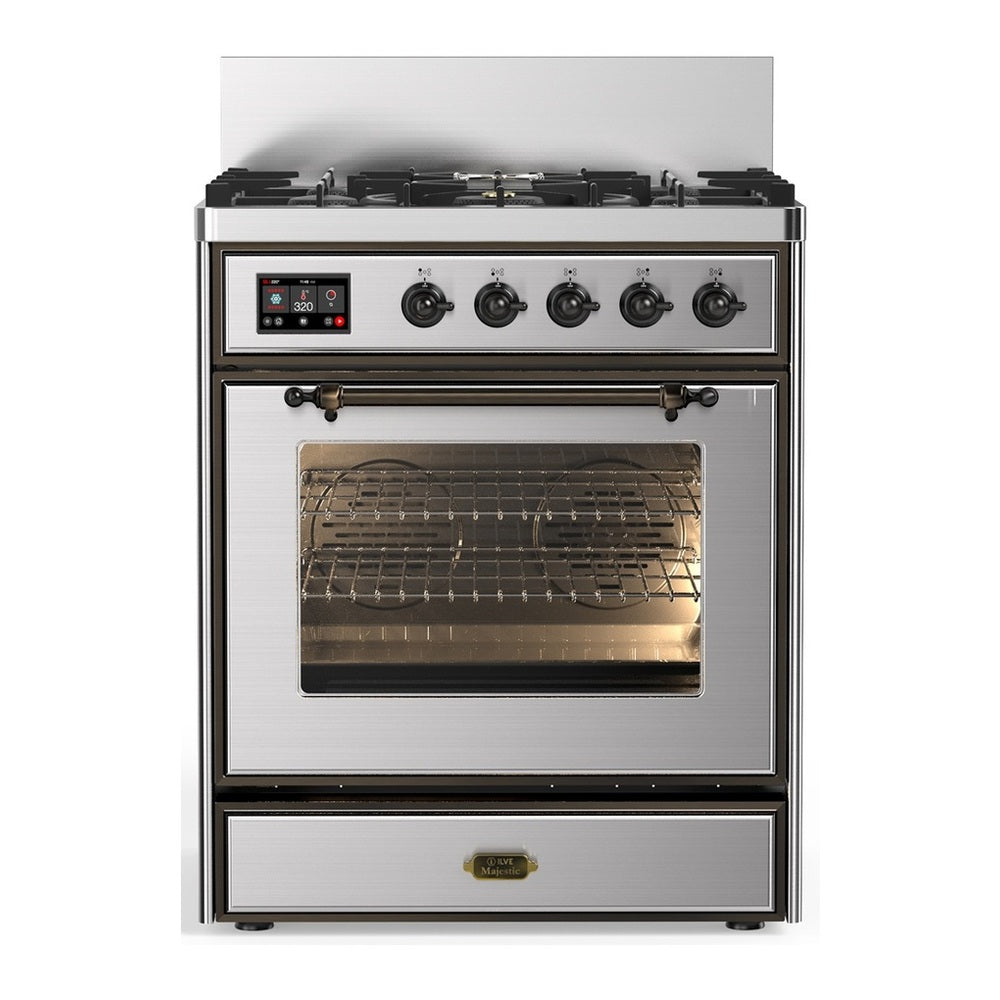 ILVE Majestic III 30" Stainless Steel Dual Fuel Range with 5 Burners Triple Glass Door Liquid Propane