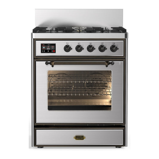 ILVE Majestic III 30" Stainless Steel Dual Fuel Range with 5 Burners Triple Glass Door Liquid Propane