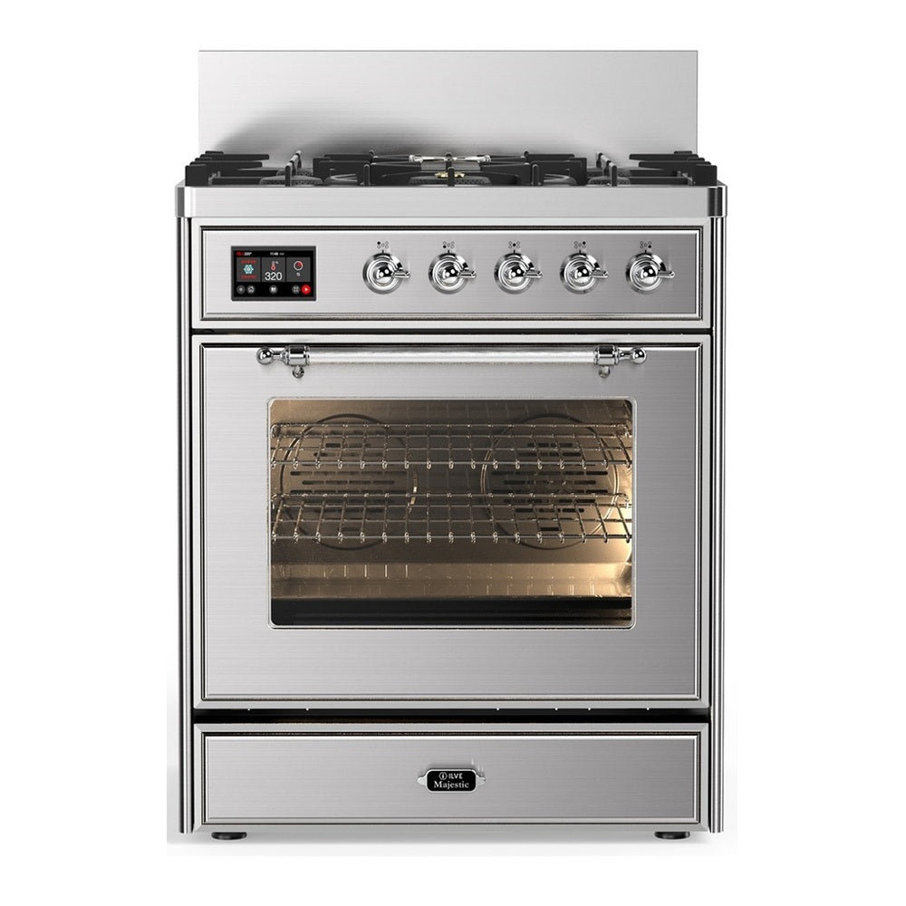 ILVE Majestic III 30" Stainless Steel Dual Fuel Range with 5 Burners Triple Glass Door Natural Gas